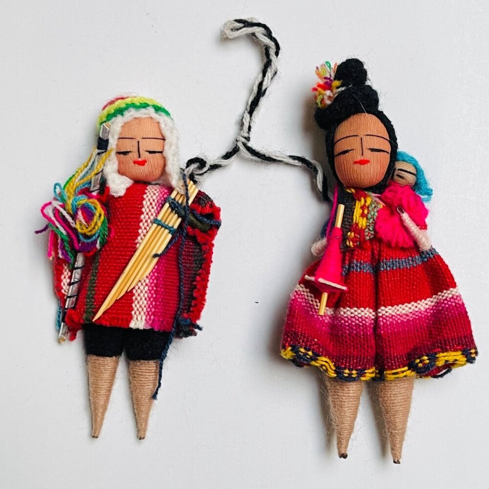 Vintage Pair Small Peruvian Folk Doll Handmade Family Father Mother Kid Hanging